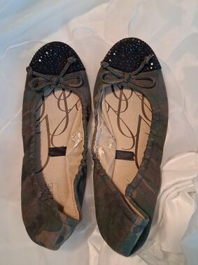 Women's Worn Camouflage Ballet Flats with Black Sequin Cap Toe